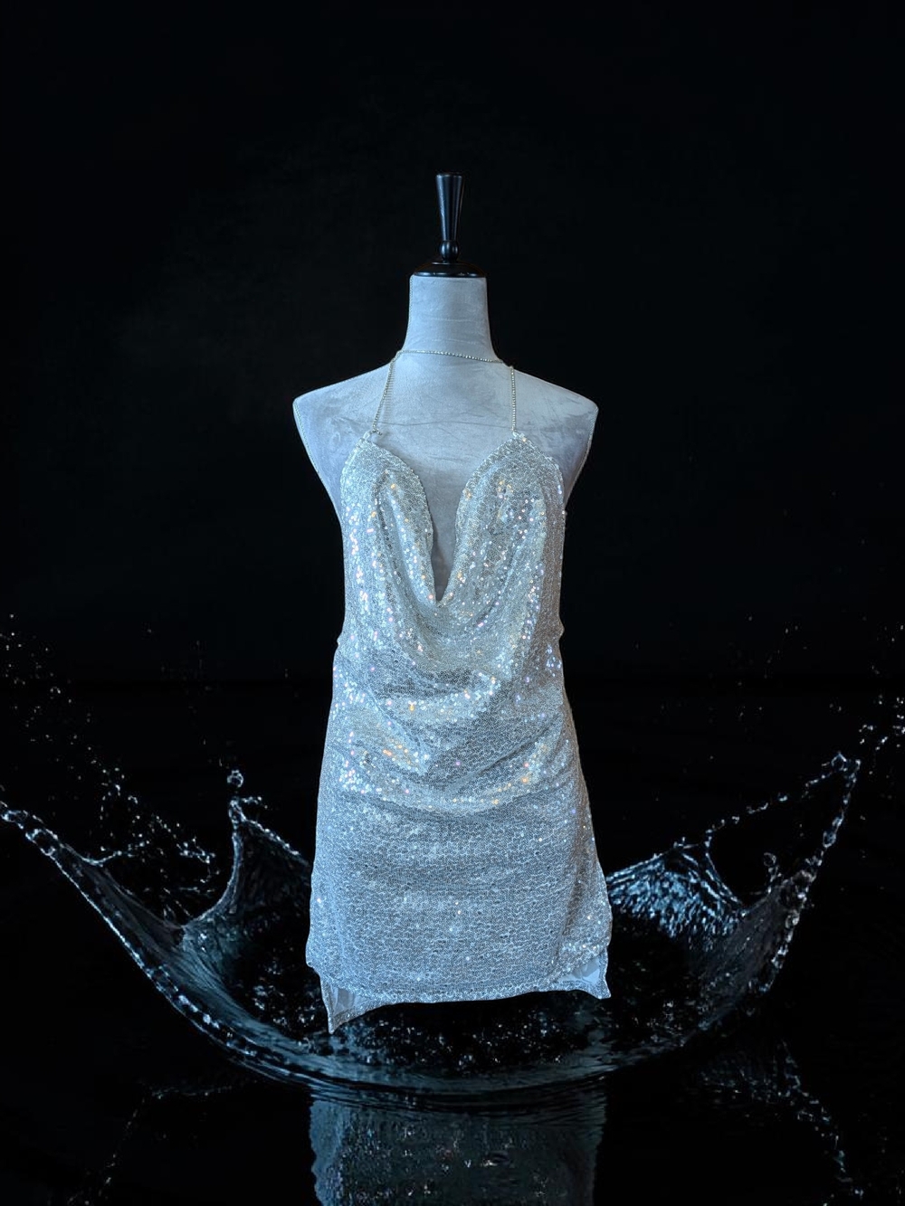 Silver Sequin Cowl Neck Mini Dress